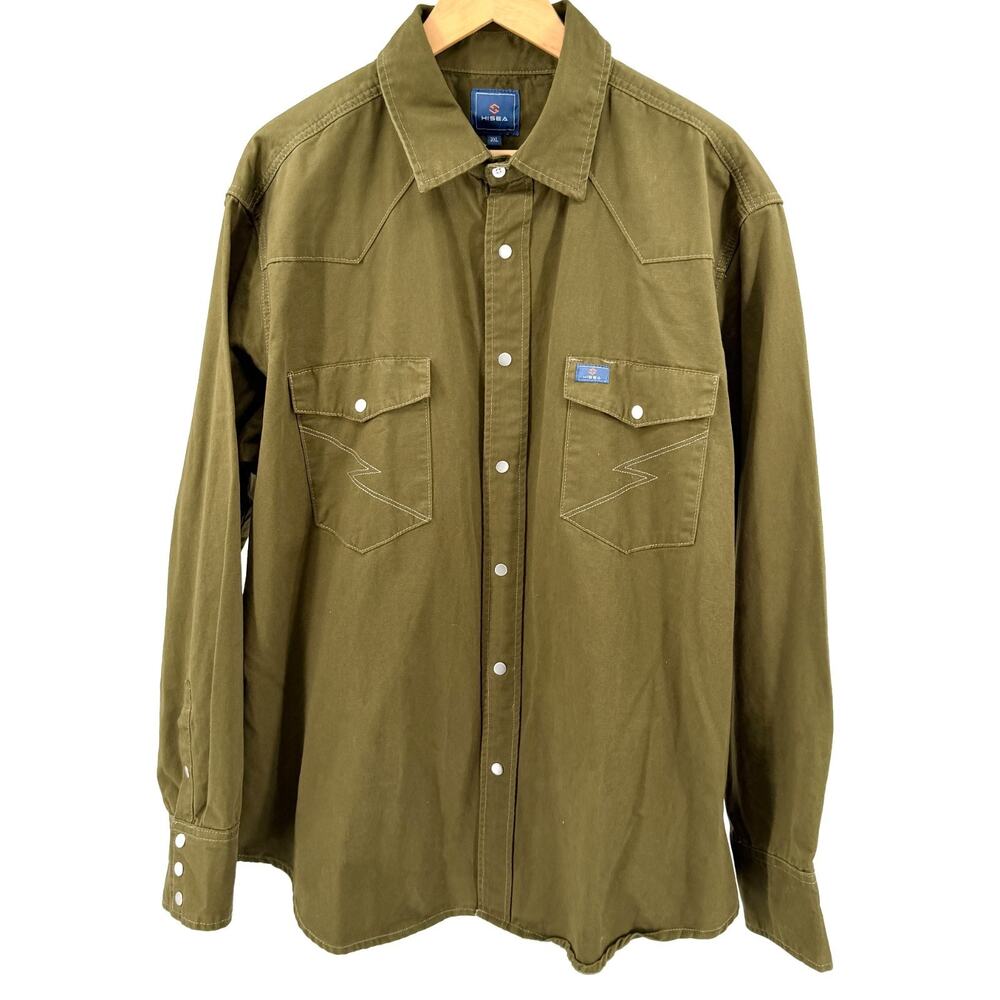 HISEA Olive Green 100% Cotton Western Snap Button Lightning Bolt Shirt
